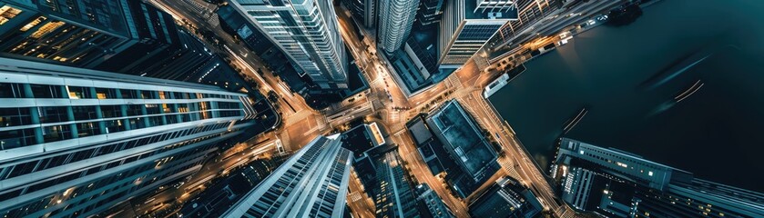 Bird's-eye view of a vibrant cityscape at night, showing illuminated streets and towering skyscrapers forming an intricate urban pattern.