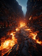 Dramatic fiery lava flow in a narrow canyon at dusk, with glowing embers and molten rock illuminating the rugged terrain.