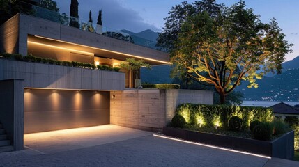 A modern house with concrete walls and a garage, illuminated at night