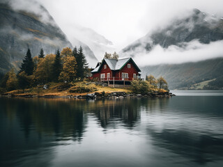 Obraz premium Scenic view red cottage beside mist-covered lake