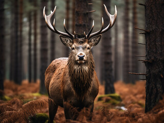 Red deer, its antlers pointed, wanders through autumn pines
