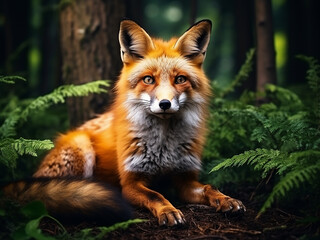 Fototapeta premium Vulpes vulpes, the red fox, stares back from the forest