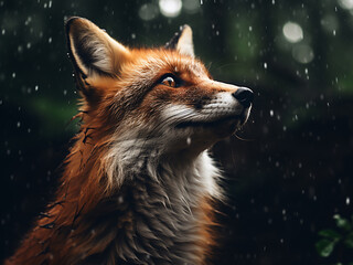 Obraz premium In the midst of rain, a red fox, Vulpes vulpes, persists