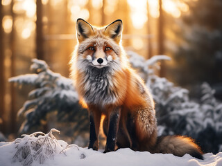 Fototapeta premium Sunset paints the winter forest backdrop for a red fox