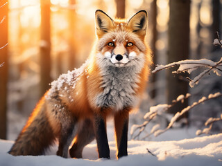 A red fox's elegance shines in winter forest at sunset
