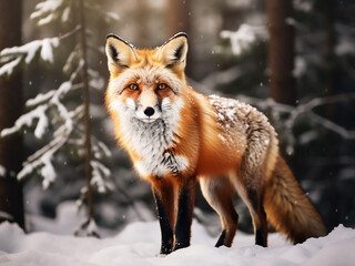 Obraz premium The winter forest hosts a striking wild red fox
