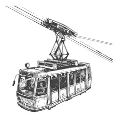 Aerial tramway with engraving style black color only