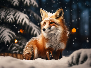 Obraz premium Nighttime snow scene red fox sits in forest, evoking Christmas