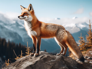Fototapeta premium On a mountain cliff, a russet fox gazes into the distant expanse, pondering