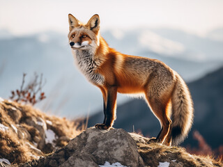 Obraz premium Atop a rocky precipice, a red fox stands majestically, its gaze fixed on the horizon