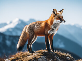 On a cliff's edge, a fox of fiery hue stands tall, its eyes searching the mountain vista