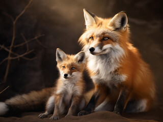 In the company of its young, a Vulpes vulpes adult fox is spotted in its natural environment