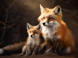 Fototapeta premium In the company of its young, a Vulpes vulpes adult fox is spotted in its natural environment