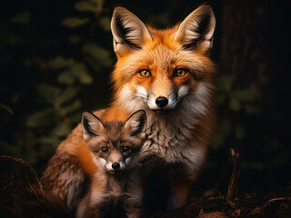 Within the natural habitat, a Vulpes vulpes adult fox stands alongside its offspring