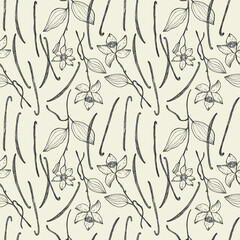 Fototapeta premium Vanilla plant with sticks flower repeating background. Hand drawn seamless pattern with vanilla branch, leaf. Design for template, label, card, textile, wrapping, banner. Vector engraved illustration