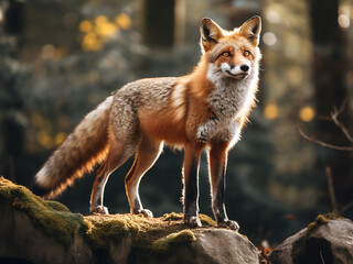 Obraz premium In the forest domain, a red fox of the Vulpes vulpes species stands regally on a large stone