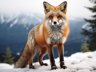 In the tranquility of the forest, a red fox of the Vulpes vulpes species stands elevated on a rock