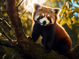 Obraz premium Ailurus fulgens, the red panda, feasts on leaves in its arboreal abode