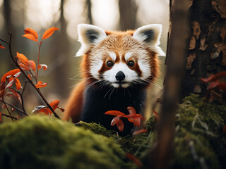 Fototapeta premium Amidst the verdant forest, the red panda, Ailurus fulgens, finds its home
