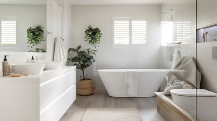 Fototapeta premium A bathroom with a clean, white design, a floating vanity, and minimal fixtures