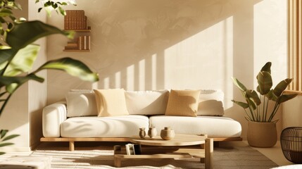 A living room with a minimalist sofa,  a coffee table,  and a neutral color palette
