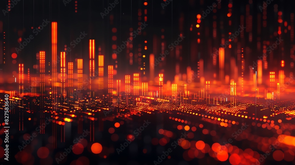 Aufkleber abstract digital cityscape with glowing vertical lines and bokeh lights, depicting futuristic techno