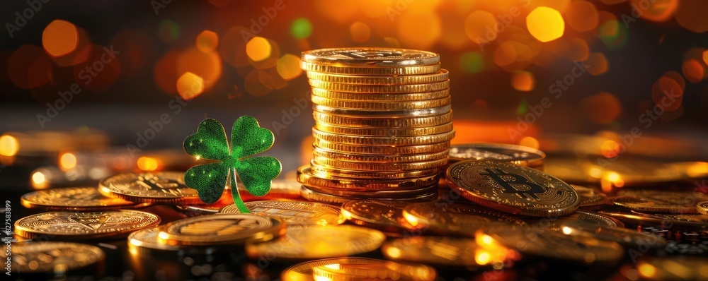 Poster Stack of golden coins with a four-leaf clover symbolizing wealth, luck, and prosperity on a colorful bokeh background.