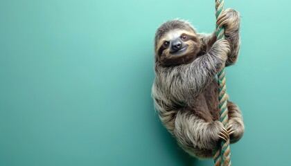 Fototapeta premium Adorable sloth clinging to a rope against a turquoise background. Perfect for nature and wildlife themed projects.