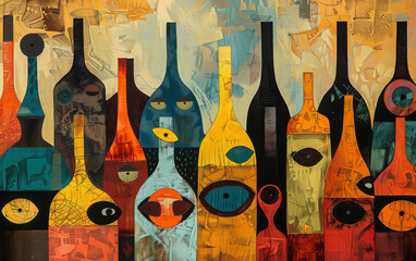 Colorful abstract illustration featuring various bottle shapes with faces on a textured background.