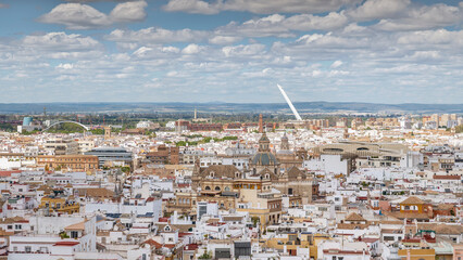Naklejka premium Panoramic aerial view of Seville, Spain, looking north towards the Alamillo Bridge