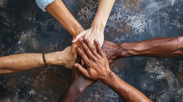 Overhead view of diverse hands clasped together, symbolizing unity and teamwork