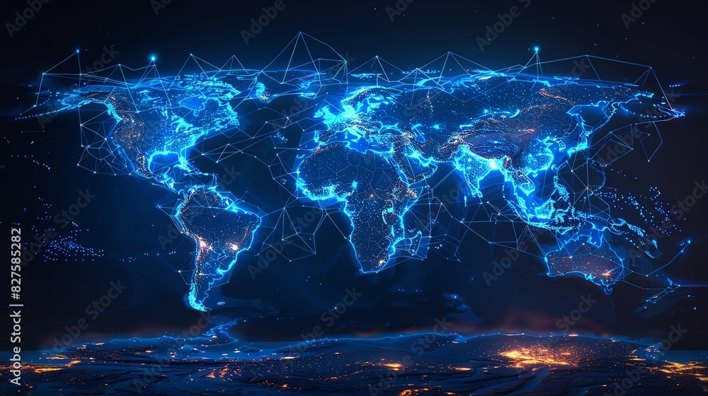 Poster futuristic glowing world map with network connections representing global communication and connecti