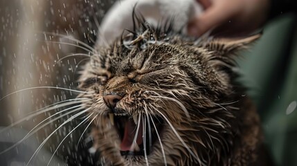 angry cat during grooming at an animal salon
