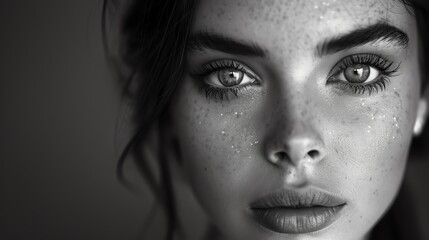 Fototapeta premium Striking black and white close-up portrait of a young woman with freckles, captivating eyes, and serene expression, displaying natural beauty.