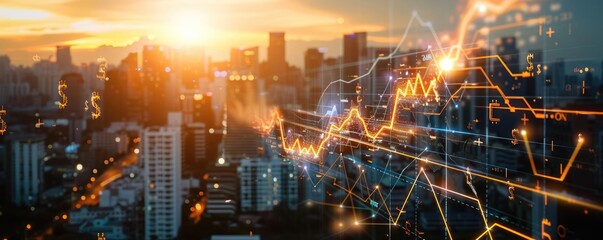 Cityscape at sunset with financial graphs overlay, symbolizing business growth, technology, and economic progress.