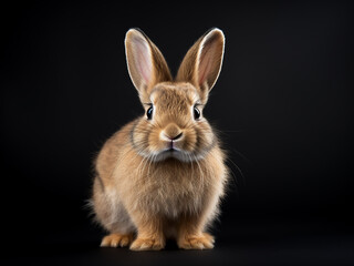 Obraz premium A small brown bunny, a pet rabbit, captured in close-up on a dark background
