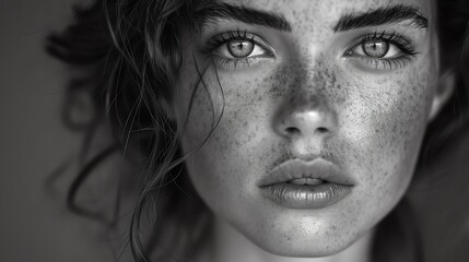 Stunning close-up portrait of a young woman with freckles in black and white, capturing deep emotion and intense eyes.