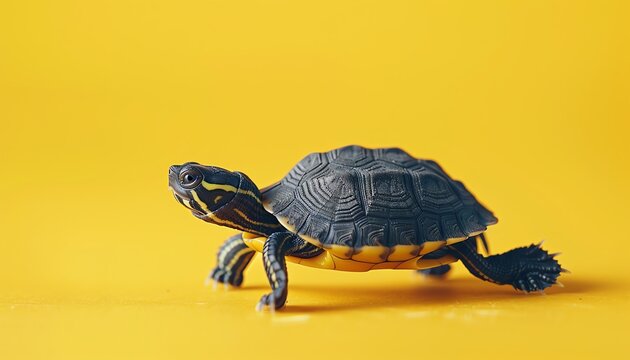 Small turtle walking on a bright yellow background, showcasing its detailed shell and patterns in a vibrant setting.