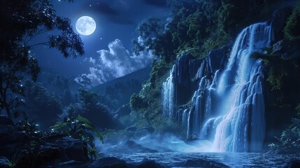 Ultra HD and hyper-detailed depiction of a moonlit waterfall, highlighting the enchanting glow and serene ambiance of the scene in 32k resolution