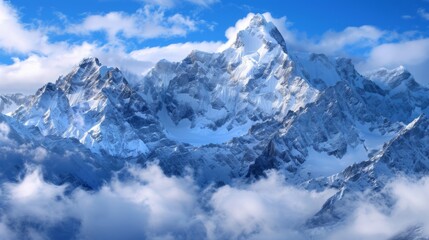 Fototapeta premium Beautiful landscape of snow-capped mountains.，top view of snowy peaks of mountain background