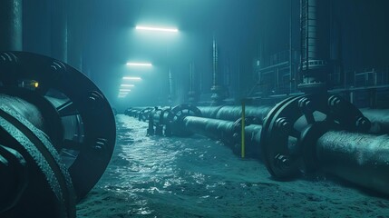 underwater scene of oil and gas subsea production system with wells manifolds and pipelines 3d illustration
