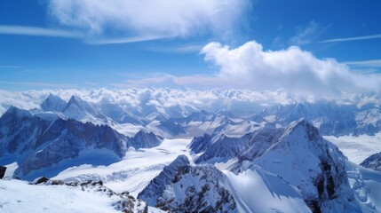 Beautiful landscape of snow-capped mountains.，top view of snowy peaks of mountain background