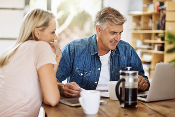 Couple, laptop and morning coffee or home relax for online streaming for connection, internet or...