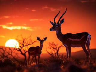 Springbok silhouette stands out against the setting sun