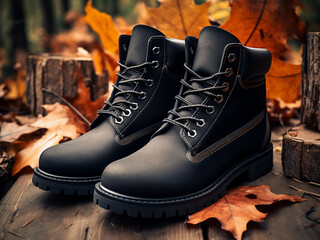 Elevate your style with sleek black boots showcased against a wooden backdrop