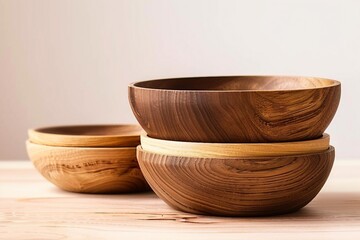 Empty wooden bowls of various shapes on bright studio background. generative ai.