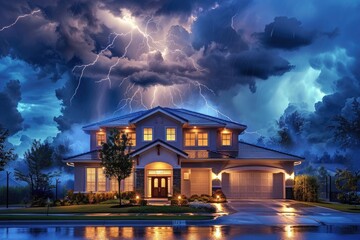 A suburban house with lighting striking the roof, a powerful thunderstorm in full swing, and dark...