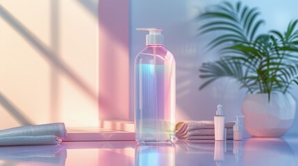 Beautiful pastel-colored lotion pump bottle with a serene backdrop, ideal for skincare and lifestyle stock photography.