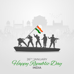 Happy Republic Day India social media post, wavy Indian flag, tricolor with Famous monument, background