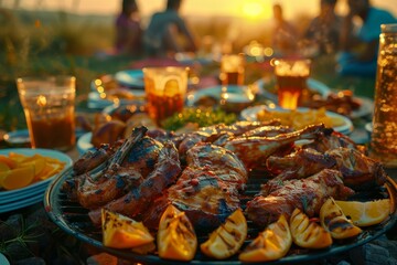Grilled seafood feast at sunset, with the golden light casting a warm glow